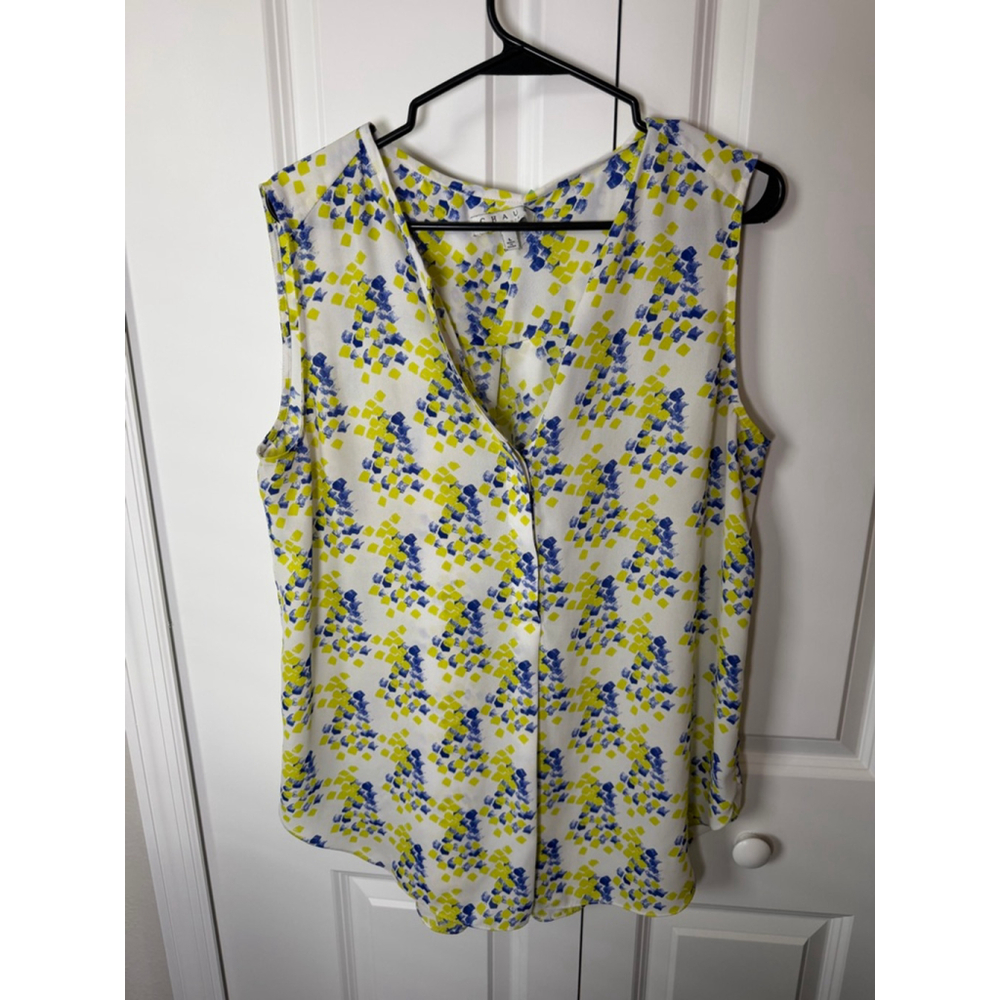 CHAUS new york White Yellow Blue Blouse L